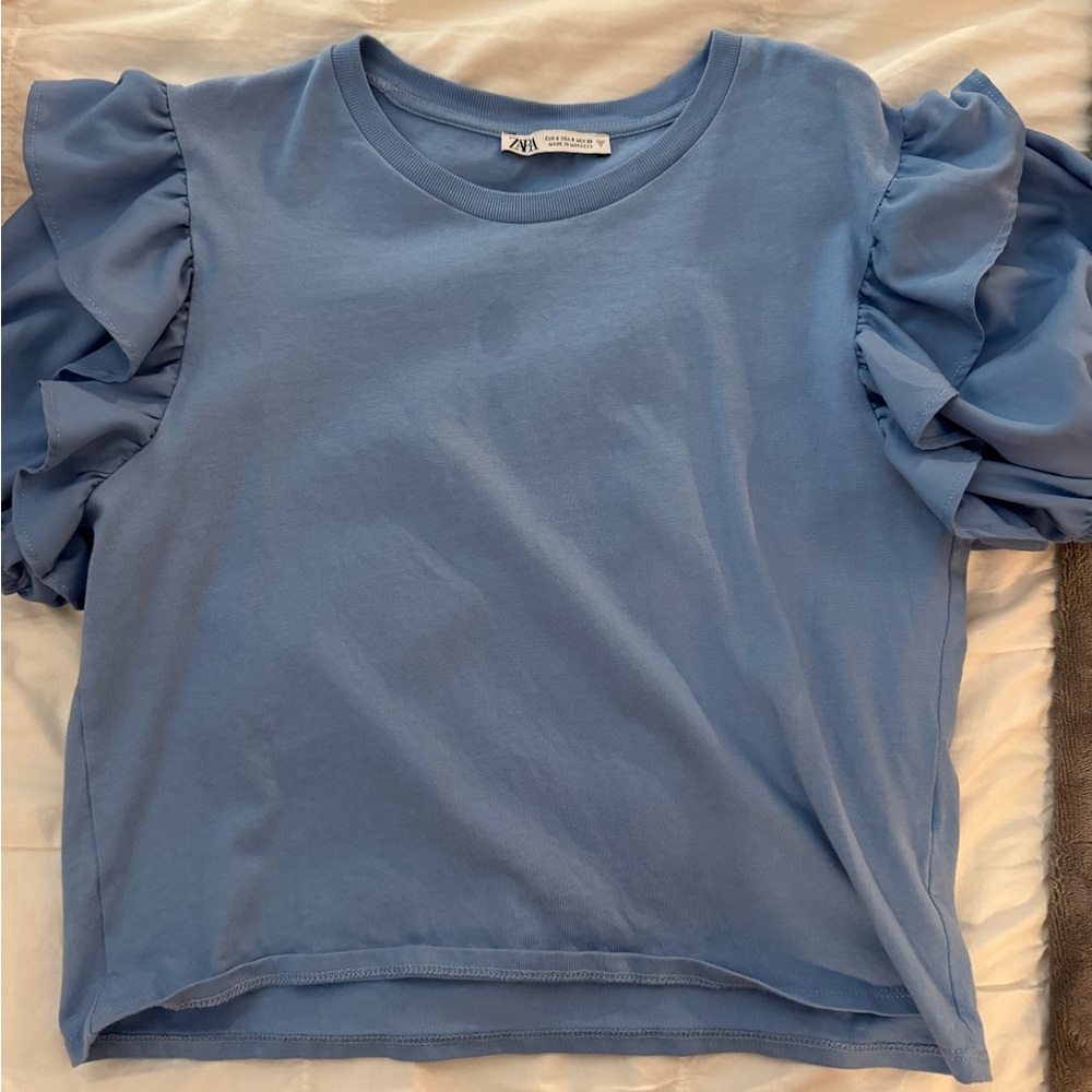 Zara Blue Ruffle Sleeve Top